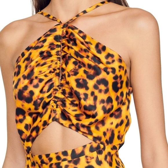 NWT SANDRO Kalinda Leopard Animal Print Slit Cut Out Tie Neck Satiny Dress 38 - Picture 5 of 15